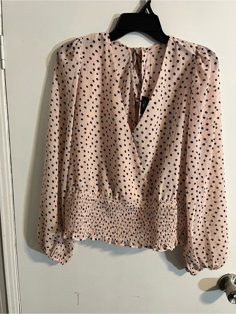 Blush Polka Dot Smocked-Waist Blouse